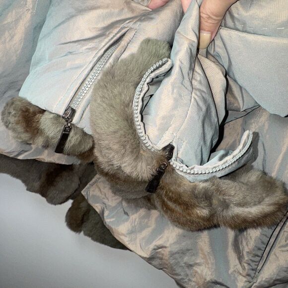 2 In 1 Iridescent Womens Coat Real Rabbit Fur Removable Vest Coat XL L GreenGold - Picture 7 of 11